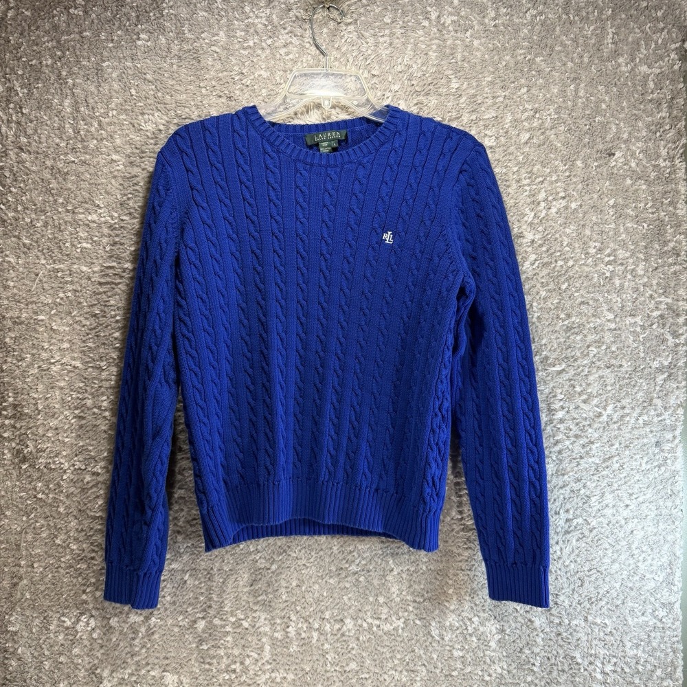 Lauren Ralph Lauren Cable Knit Sweater Women's L Blue Old Money Academia Preppy